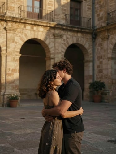 Cinematic medium shot of a couple embracing in a historic stone courtyard in Spain, dramatic side lighting from golden hour, shadows falling across the warm stone, authentic emotion, documentary style.