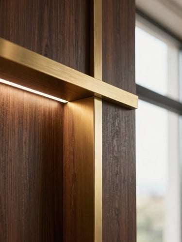 Close-up architectural detail of premium materials, polished dark wood meeting brushed brass trim, warm side lighting, shallow depth of field, high-end craftsmanship