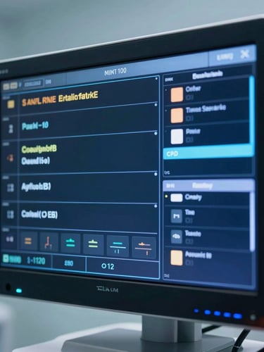 Close-up of a digital surgical dashboard on a wall-mounted monitor, displaying customizable workflow steps and real-time status cards, cool hospital lighting, deep petroleum blue tones, sharp focus, 35mm lens