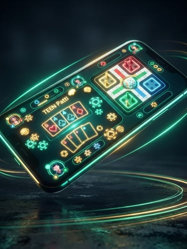 Vibrant 3D render of a smartphone floating over a dark surface, displaying a colorful Teen Patti and Ludo hybrid game interface, glowing neon emerald green and gold light trails, dramatic studio lighting, close-up angled shot.