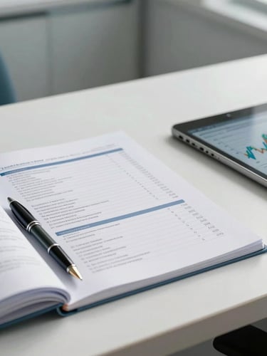 A clean, modern medical office desk with an open analytical report, a fountain pen, and a tablet showing financial graphs in clear daylight, high-end clinical environment