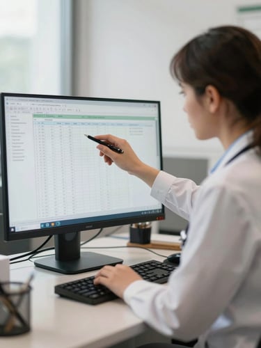 A professional healthcare administrator analyzing data spreadsheets on a large desktop monitor in a brightly lit, neutral office environment