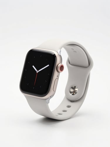 Bright high-key product photography of a modern smartwatch on a clean white studio backdrop, crisp professional lighting, sharp focus, 50mm