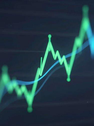 Sleek 3D render of abstract financial charts, deep slate background, vibrant neon emerald and electric blue data flows, crisp studio lighting, macro focus