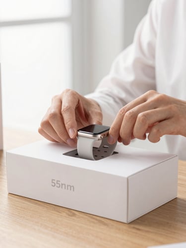 A clean high-key photograph of a customer unboxing a premium smartwatch box on a wooden desk, soft natural window light, sharp focus, 50mm