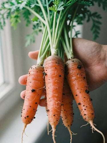 Close-up of hands holding freshly harvested heirloom carrots with rich dark soil clinging to the roots, soft morning Scandinavian daylight, shallow depth of field, 35mm film.