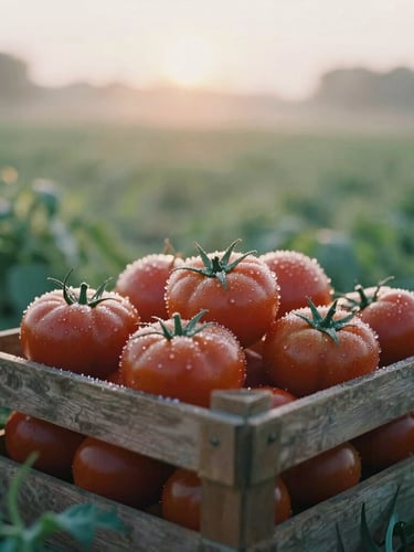A dew-covered crate of heirloom tomatoes sitting in a field at sunrise, soft golden morning light, low angle, rich green and crimson tones, shallow depth of field.