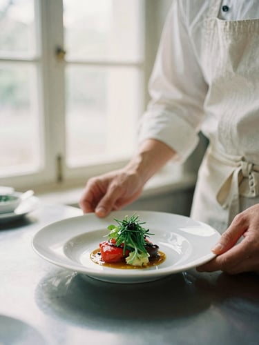 A chef in a clean linen apron carefully plating a vibrant dish in a beautifully lit kitchen, soft natural window light, shallow depth of field, 35mm film