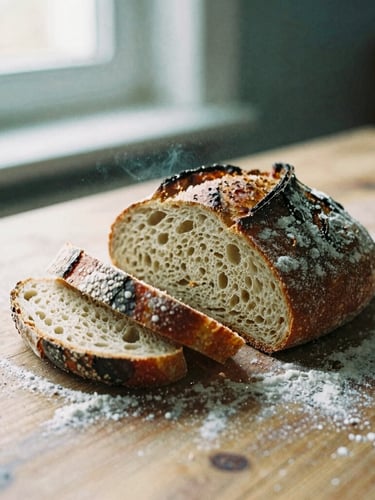 Close-up of fresh sourdough bread being sliced on a rustic wooden table, flour dusting the air, soft Scandinavian window light, shallow depth of field, 35mm film
