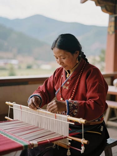 A Bhutanese master weaver working a traditional backstrap loom in a Thimphu workshop, soft mountain daylight, warm editorial portrait