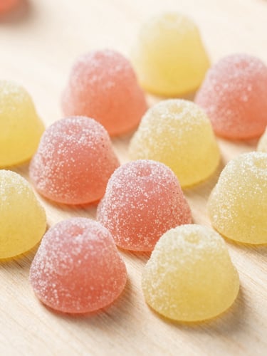 Extreme macro shot of colorful Swedish sour-dusted gummy candies on a light birch wood surface, soft natural daylight, pastel pink and yellow tones.