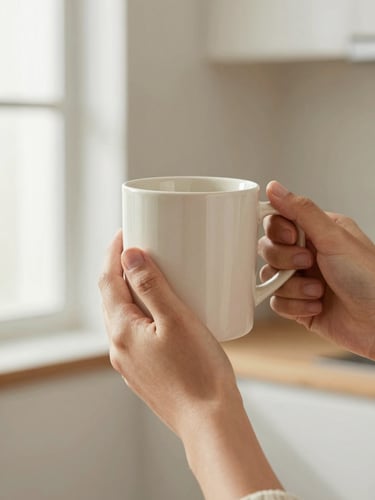 Close-up of hands holding a warm ceramic mug in a modern kitchen, soft window light, clean neutral background.
