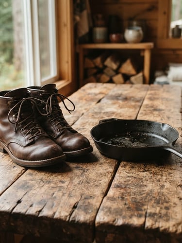 A clean product shot of premium leather boots and a cast-iron skillet on a rustic wooden bench, soft natural window light, warm Pacific Northwest tones, 50mm lens
