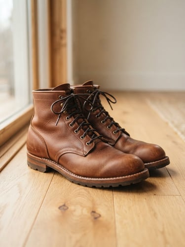 A pair of premium leather boots resting on a clean wooden floor with natural window light casting soft shadows, 50mm lens.