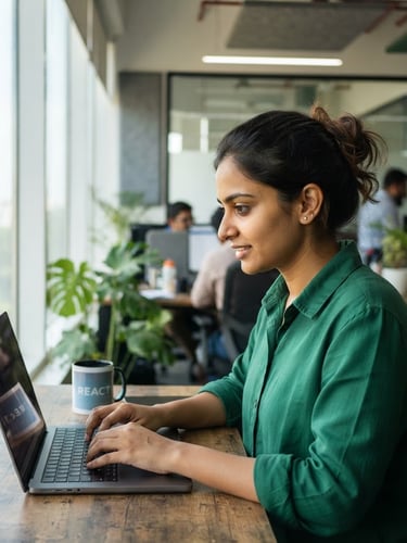 A sharp, high-focus portrait of a young Indian software engineer in a modern Bangalore workspace, bright natural window lighting with subtle emerald green highlights, shallow depth of field, 35mm lens