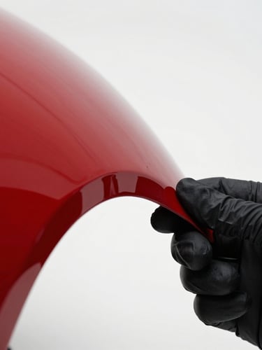 Macro detail shot of a gloved hand meticulously wrapping a seamless edge of a red sports car fender, high contrast, clinical white studio lighting, sharp focus on the edge