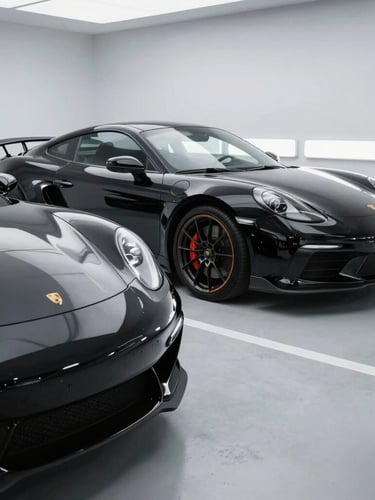 Wide angle automotive photography of a clean clinical detailing studio, white led line lights reflecting on a black sports car, dust-free environment, pristine concrete floor