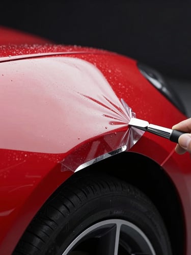 Extreme close-up macro photography of a red sports car fender, a hand applying invisible paint protection film with surgical precision, clinical studio lighting, sharp reflections, deep black background