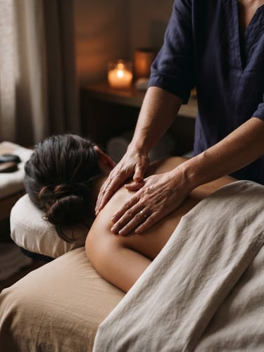Close-up of professional hands applying therapeutic pressure on a client's shoulder, warm basalt stones visible on a clean folded organic towel in the background, soft diffused twilight from a window, deep indigo and warm sand tones, shallow depth of field, 35mm.