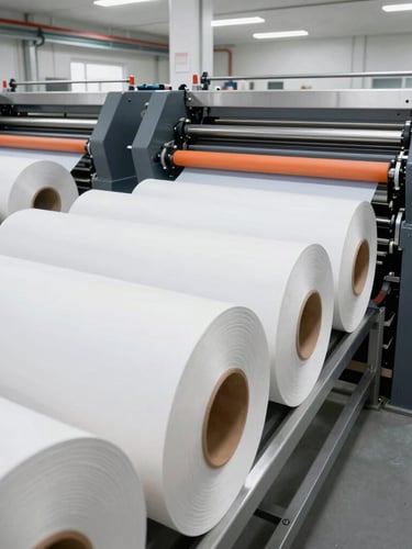 Wide-angle architectural shot of a bright, clean-room style industrial factory floor with massive rolls of raw paper stock feeding into high-speed corrugating machinery