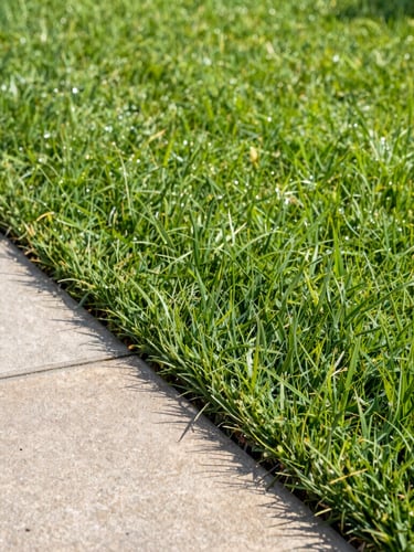 Eye-level close-up of a perfectly manicured lawn with sharp, clean edge lines bordering a stone walkway, soft morning sunlight, rich green turf, 35mm lens