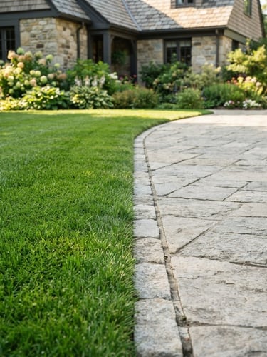 A crisp eye-level shot of a perfectly manicured green lawn with sharp edge lines along a clean stone driveway, bright morning daylight, rich natural greens.