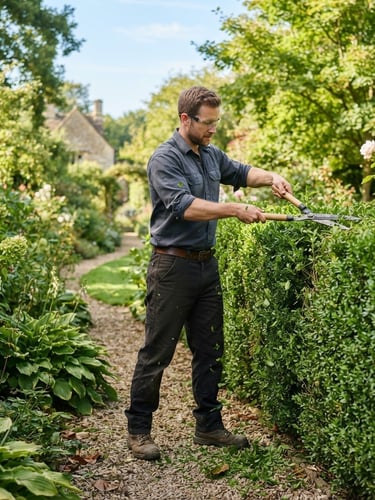 A professional landscaper in clean workwear trimming a hedge in a lush green garden, bright morning daylight, crisp editorial photography, 35mm lens