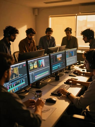 Dynamic low-angle shot of a digital editing suite in Pune, glowing screens, creative team collaborating, warm golden-hour light, high contrast, cinematic 35mm film look.