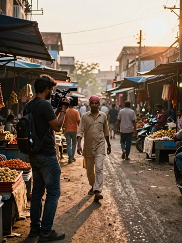 Behind-the-scenes video shoot in a bustling Pune market, camera operator capturing a street vendor, warm golden-hour light, dynamic low-angle shot.