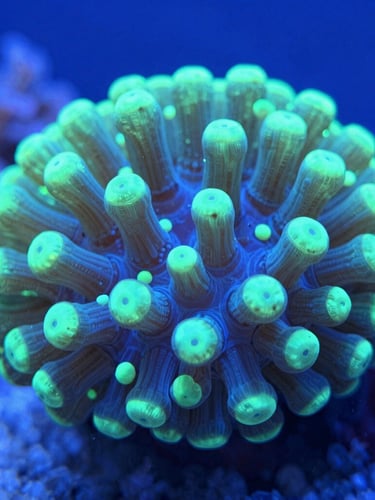 Macro photograph of healthy glowing live coral polyps under crisp blue marine LED lighting, sharp details, laboratory setting