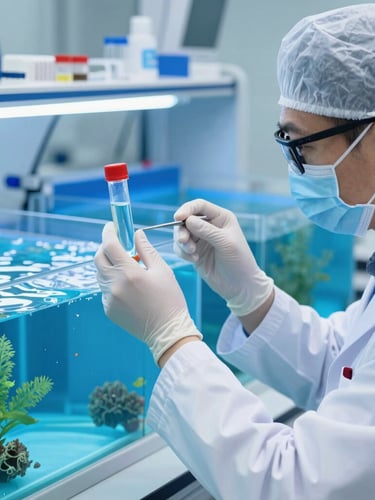 A marine biologist in a clean lab coat inspecting a water sample vial in front of clean, glowing blue aquaculture tanks.