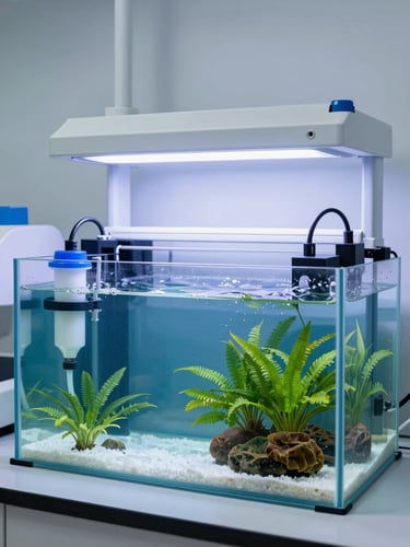 Bright cool-toned laboratory lighting on a clean, modern saltwater aquaculture tank with organized filtration systems and thriving marine life, high-key daylight, sharp focus.