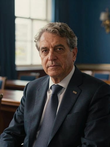 Medium-close environmental portrait of a global leader in a quiet, historic meeting hall, soft directional golden hour light, deep blue tones, 35mm