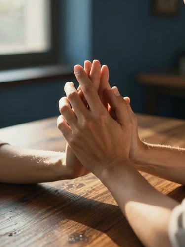 Close-up on hands clasped in agreement over a dark wooden table, soft directional golden hour sun, warm editorial photography
