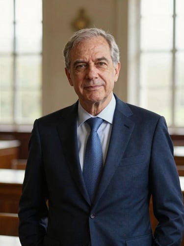 Warm editorial portrait of a mature global leader in a sunlit historic meeting hall, soft window light, deep blue tones, shallow depth of field, 35mm