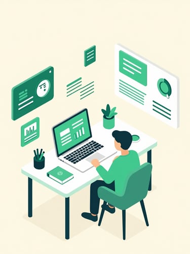 Isometric illustration of a writer's modern desk setup, laptop open, surrounded by digital product mockups, books, and abstract data flows, emerald green and cream tones, soft studio lighting, minimalist tech startup aesthetic.