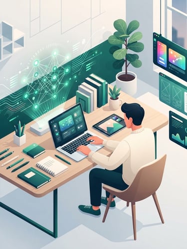 Clean vector illustration of a modern digital workspace. A creator is working on a sleek laptop, surrounded by abstract representations of books, AI neural networks, writing tools, and digital product interfaces. Soft studio lighting, emerald and cream tones, isometric view.