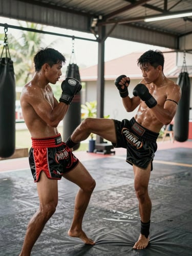 Two Muay Thai trainees mid-sparring drill inside a Bangkok training camp, natural light through open-sided gym walls, wraps on fists visible, action frozen mid-kick, sweat and focus evident