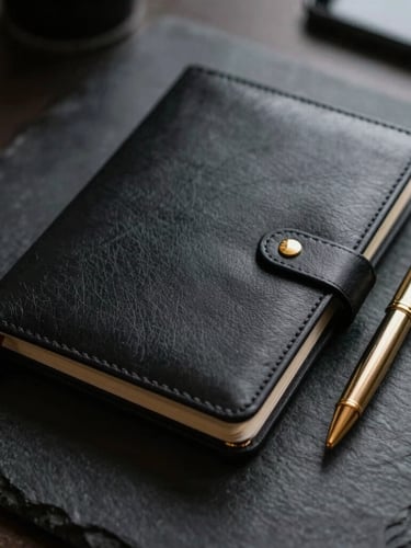 Editorial close-up of a high-end black leather notebook and a gold pen on a dark slate desk, soft side-lighting, shallow depth of field, 35mm