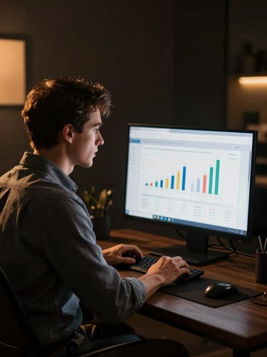 Editorial portrait of a focused insurance agency owner analyzing demographic data on a sleek screen, dark-wood office, warm golden side-lighting, 35mm