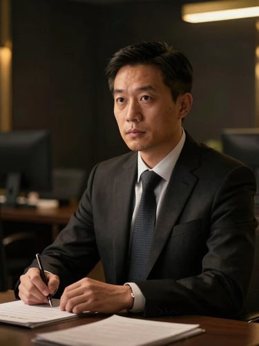 Editorial portrait of a focused insurance agency director in a high-end dark office, warm side-lighting, gold accents, shallow depth of field, 35mm