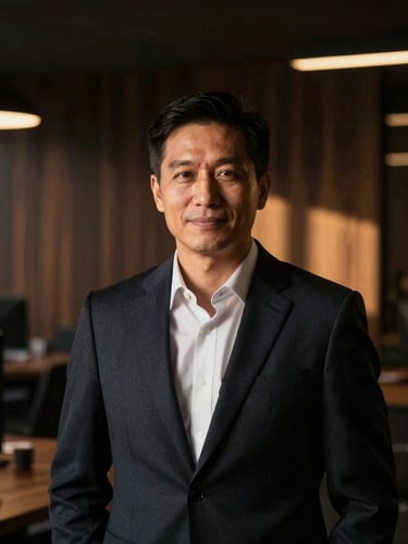 Editorial portrait of a professional insurance agency builder in a modern, dark-wood office, warm golden side-lighting, shallow depth of field, 35mm