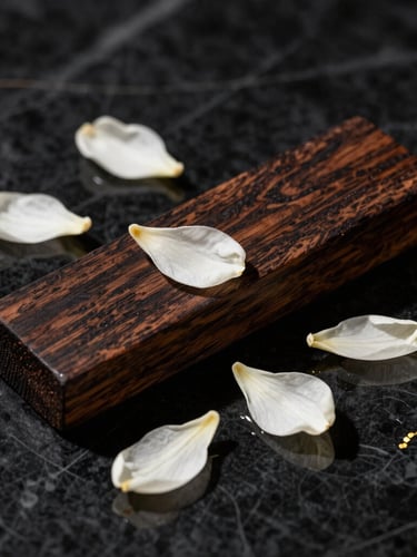 Macro shot of raw dark oud wood and delicate white jasmine petals resting on wet black marble, deep shadows, high-contrast studio lighting.