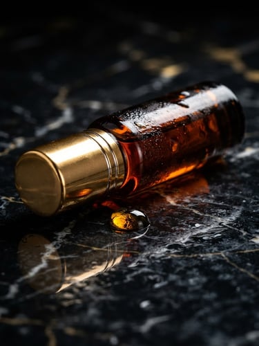 Extreme macro close-up of a sleek 6ml glass roll-on bottle resting on wet black marble, glistening amber oil droplet, high-contrast studio lighting with deep dramatic shadows, gold reflections