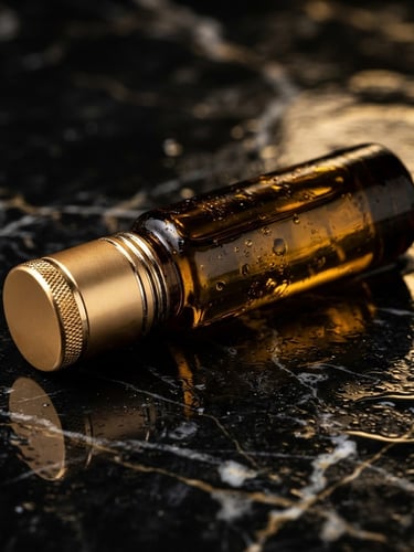 Extreme close-up macro photography of a sleek 6ml glass roll-on bottle resting on wet black marble, dramatic shadows, gold light reflections.