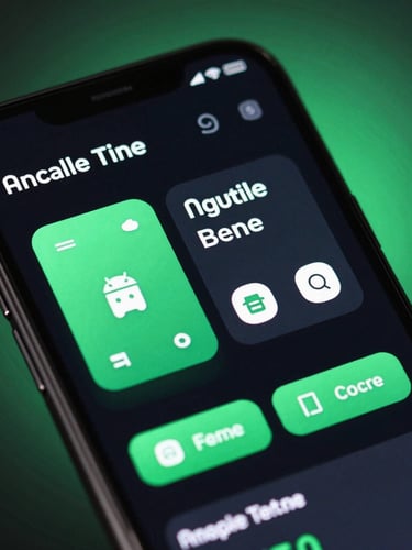 Tight macro shot of a sleek Android device mockup displaying a high-performance native application interface. Dark mode UI with vibrant green accents, clean geometric typography, and system widgets, set against a subtle green backlighting glow.