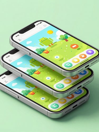 Isometric stack of three high-fidelity Android phone mockups displaying vibrant, child-friendly educational game interfaces with rounded buttons and playful vector illustrations under soft green digital backlighting.