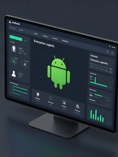 Isometric high-fidelity vector device mockup showing a dense dark-mode Android enterprise logistics dashboard, vibrant green accents, sharp data visualization widgets, zero-latency UI design.