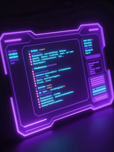 Sleek digital rendering of a glowing futuristic neon violet interface with floating code blocks, high-contrast dark background