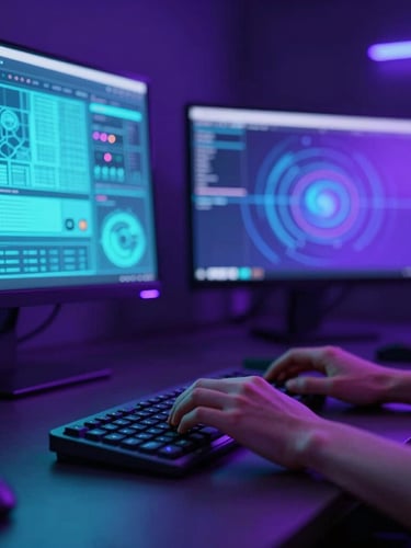 Hyper-realistic cinematic render of a digital designer working in a dark room illuminated by vibrant cyan and violet screens, macro detail